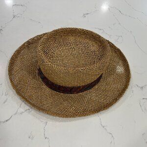 Vintage J Hats Woven Sun Hat Beach Style Wide Brim boho Print Headband USA
